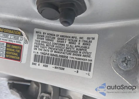 2006 Honda Civic Ex из США, поврежденный, VIN 1HGFA16846L098856